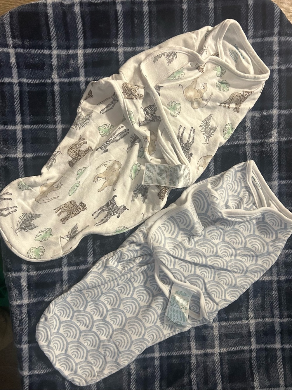 aden + anais White Animal Print & Light Blue Wave Swaddles